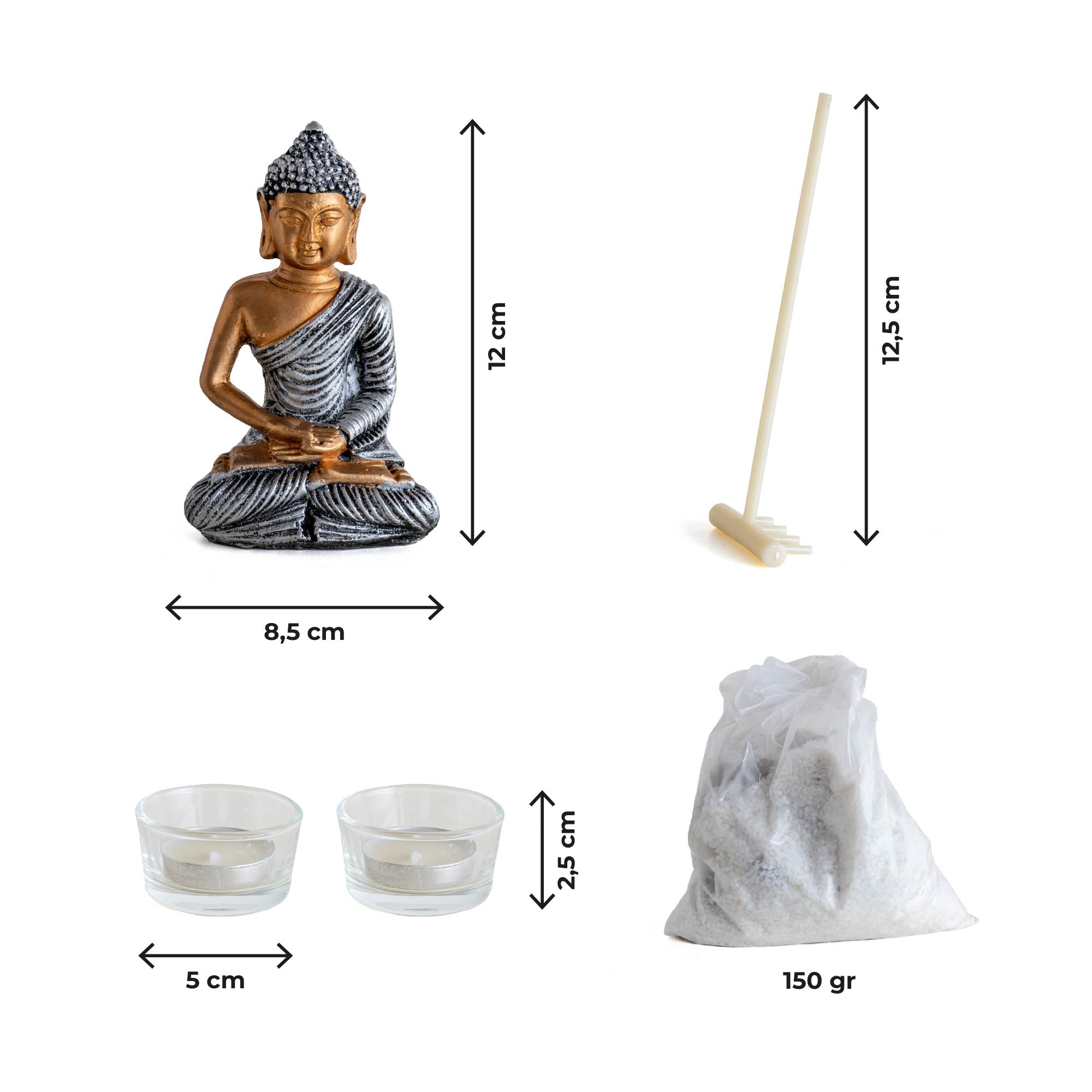 Giardino Zen da Tavolo con Statua Buddha, Sabbia, Sassi e Rastrello – Kit Decorativo Relax e Meditazione, Portacandele Tealight in Vetro Rotondo
