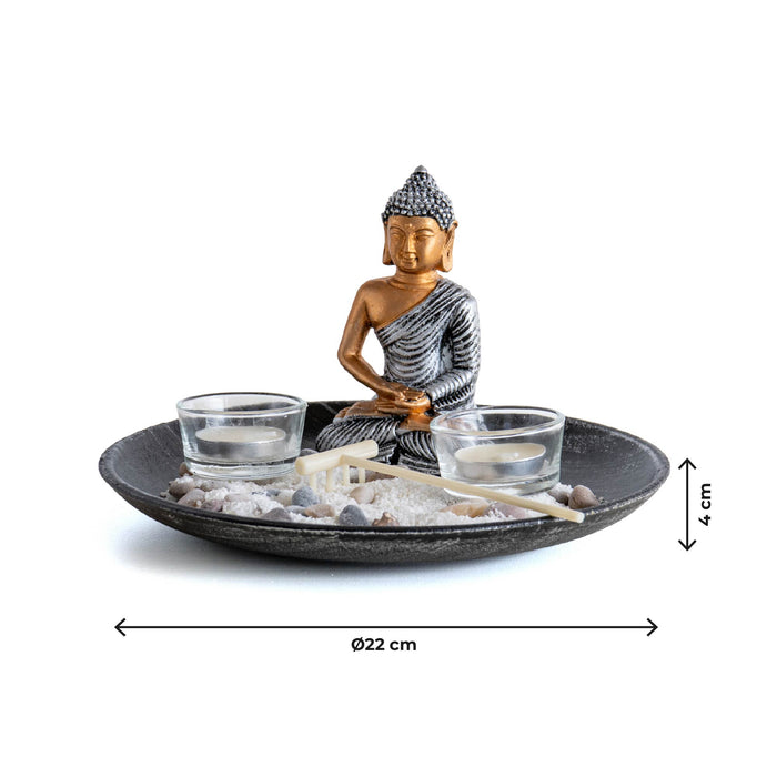 Giardino Zen da Tavolo con Statua Buddha, Sabbia, Sassi e Rastrello – Kit Decorativo Relax e Meditazione, Portacandele Tealight in Vetro Rotondo