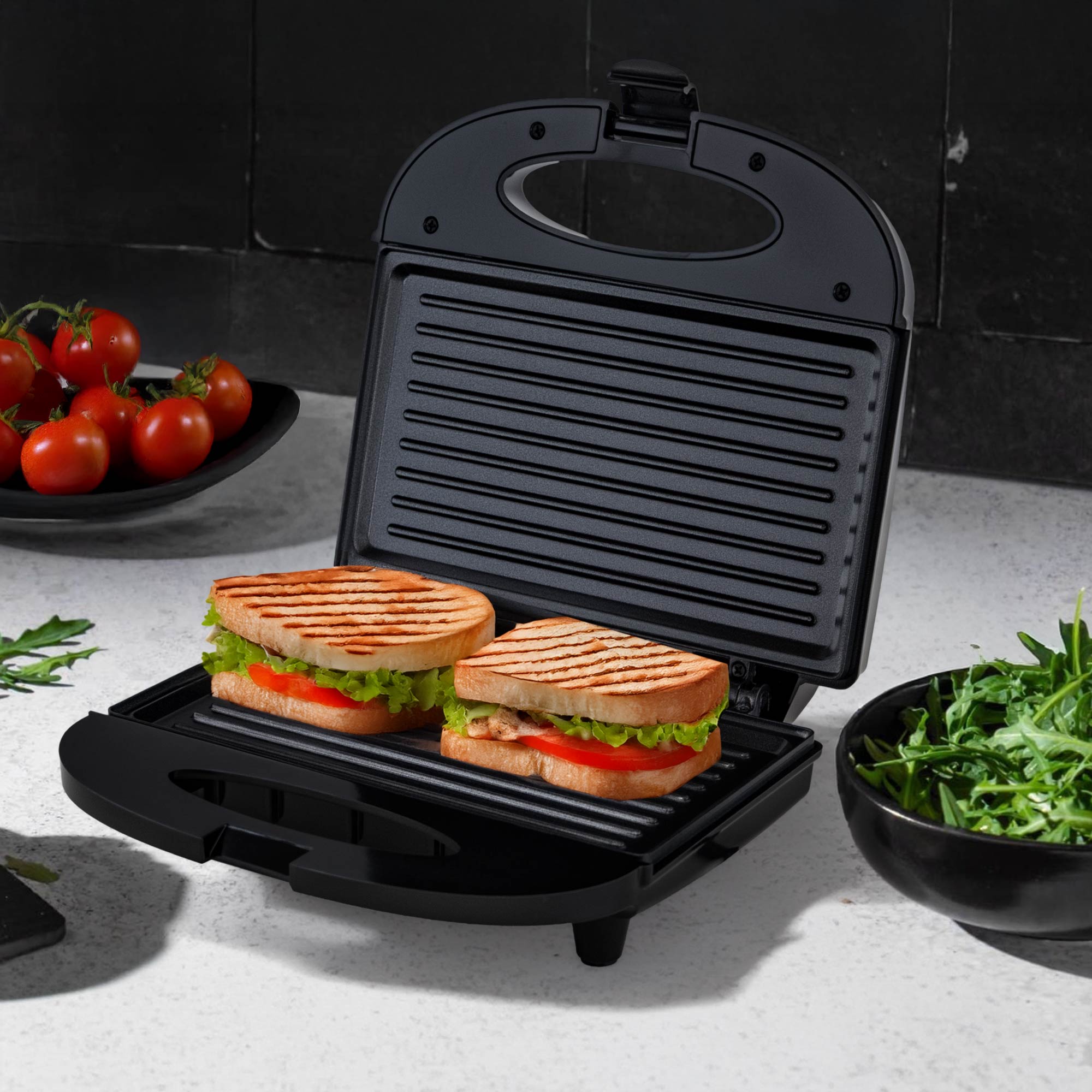 Piastra Elettrica 800W per Panini e Toast – Rivestimento Antiaderente, Termostato con Doppia Spia Luminosa, Cavo 75 cm – Certificazione CE & RoHS – 21x8x20 cm