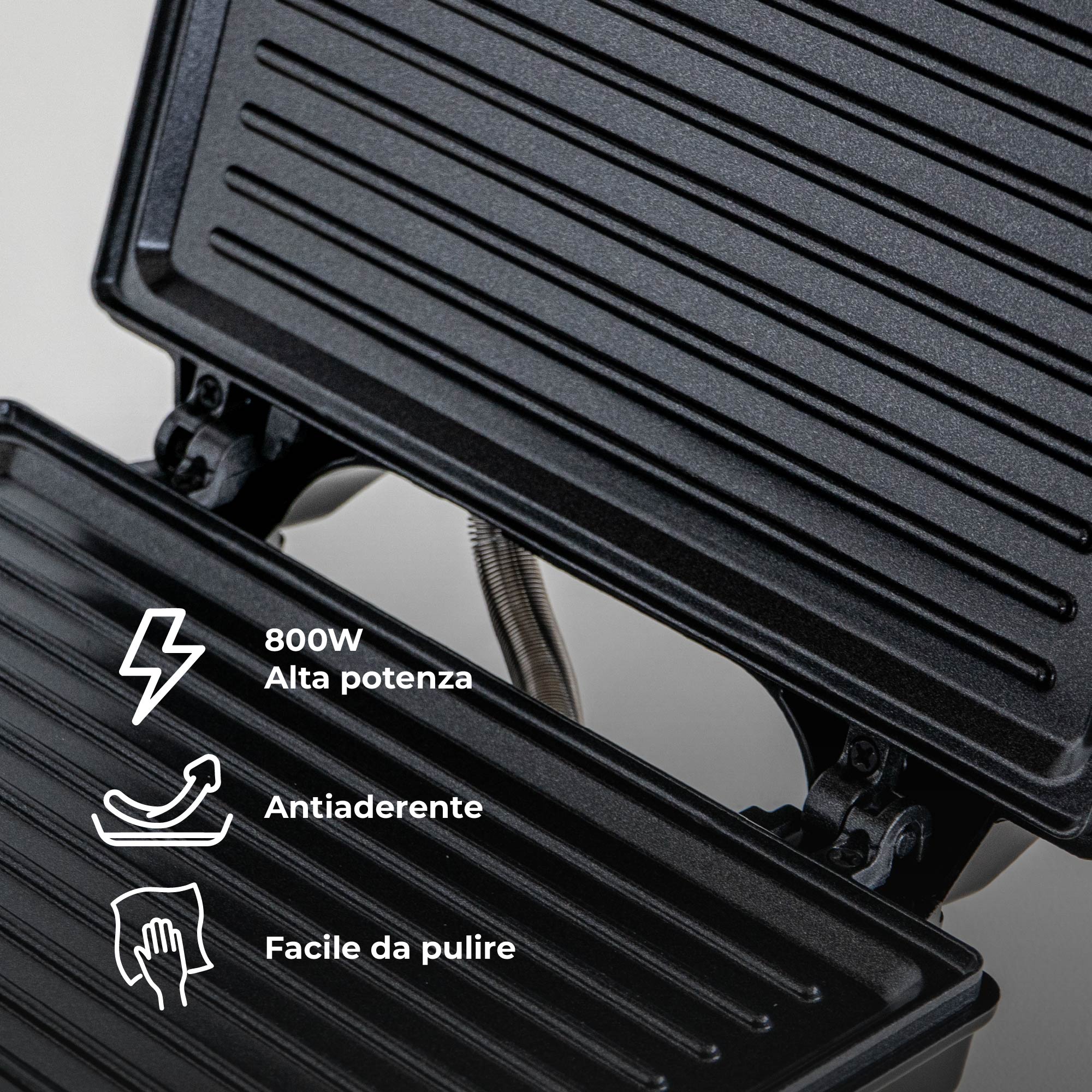 Piastra Elettrica 800W per Panini e Toast – Rivestimento Antiaderente, Termostato con Doppia Spia Luminosa, Cavo 75 cm – Certificazione CE & RoHS – 21x8x20 cm