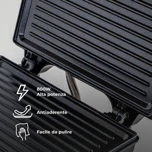 Piastra Elettrica 800W per Panini e Toast – Rivestimento Antiaderente, Termostato con Doppia Spia Luminosa, Cavo 75 cm – Certificazione CE & RoHS – 21x8x20 cm