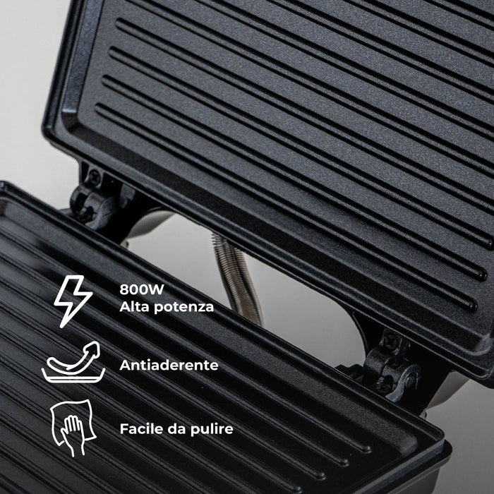 Piastra Elettrica 800W per Panini e Toast – Rivestimento Antiaderente, Termostato con Doppia Spia Luminosa, Cavo 75 cm – Certificazione CE & RoHS – 21x8x20 cm