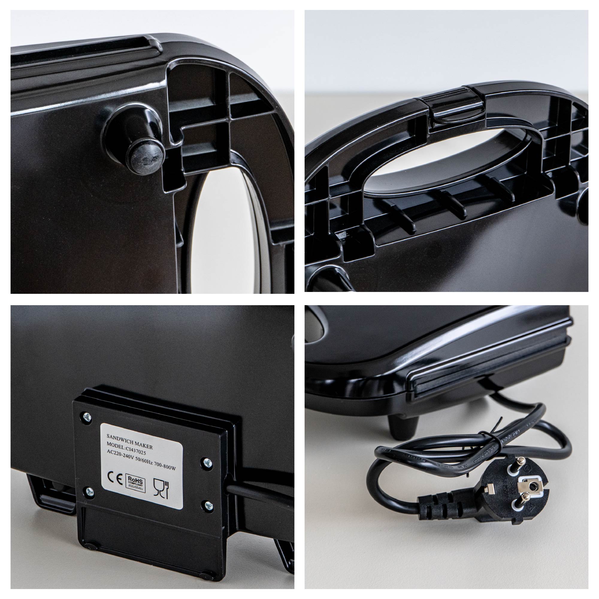 Piastra Elettrica 800W per Panini e Toast – Rivestimento Antiaderente, Termostato con Doppia Spia Luminosa, Cavo 75 cm – Certificazione CE & RoHS – 21x8x20 cm