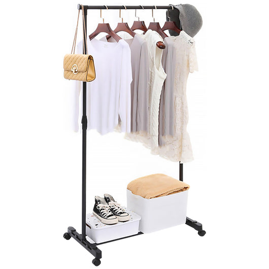 Appendiabiti con Ruote in Metallo – Altezza Regolabile 90-160 cm, Portabiti Singolo o Doppio, Salvaspazio per Camera da Letto, Ingresso e Lavanderia – Carrello Appendiabiti con Ripiano per Scarpe Singolo