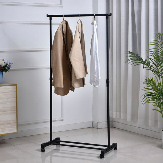 Appendiabiti con Ruote in Metallo – Altezza Regolabile 90-160 cm, Portabiti Singolo o Doppio, Salvaspazio per Camera da Letto, Ingresso e Lavanderia – Carrello Appendiabiti con Ripiano per Scarpe Singolo