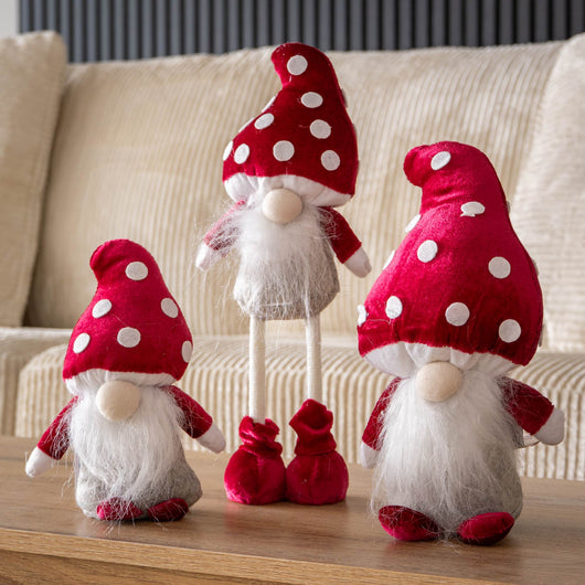 Set 3 Gnomi Natalizi Decorativi con Cappello a Forma di Fungo in Stoffa Rosso e Bianco Decorazioni di Natale per Casa Altezze 22/25/35 cm