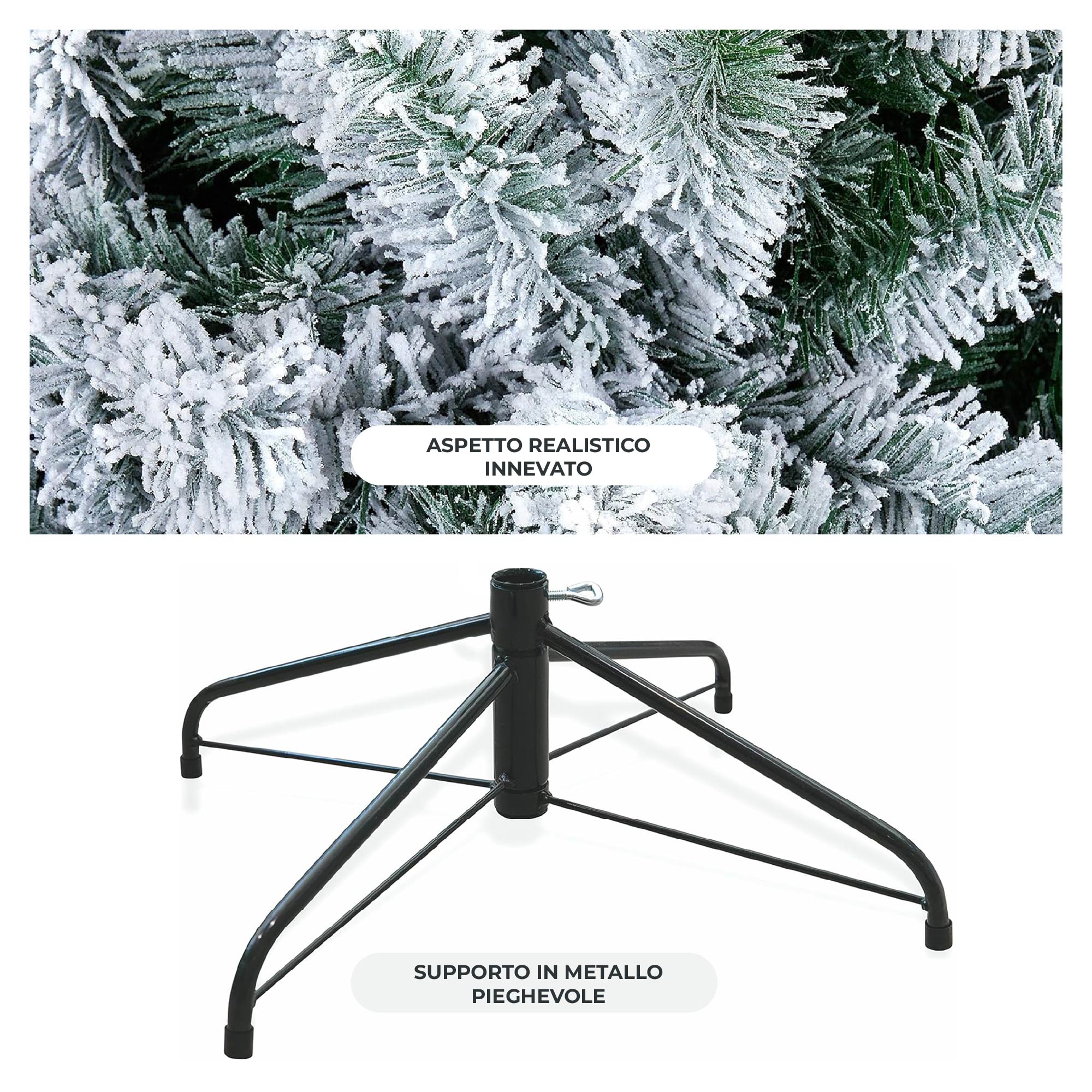 Albero di Natale Innevato Artificiale Con Effetto Neve Realistico Bianco Facile da Montare Rami Fitti Modellabili in PVC con Base in Acciaio 210 cm