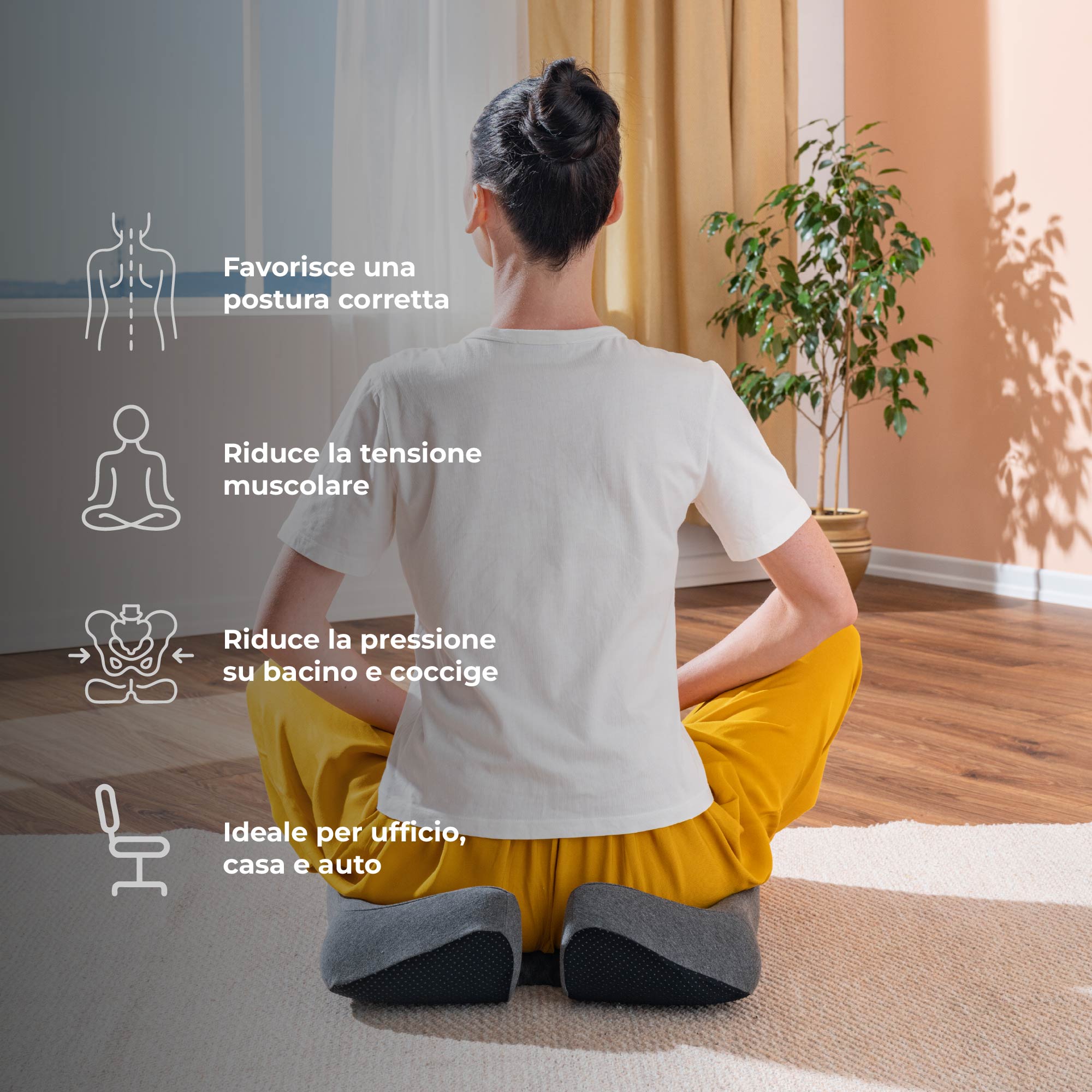 Cuscino Ergonomico in Memory Foam 47x41x12 cm Seduta Ortopedica per Sedia da Ufficio e Meditazione Supporto Antidolore per Schiena, Coccige e Postura, con Rivestimento Traspirante Rimovibile