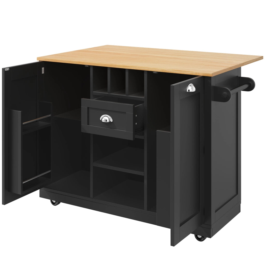 OKWISH Carrello da Cucina con 2 Ante e 1 Cassetto, Portaasciugamani, Portabottiglie e Ruote, per Cucina, Nero