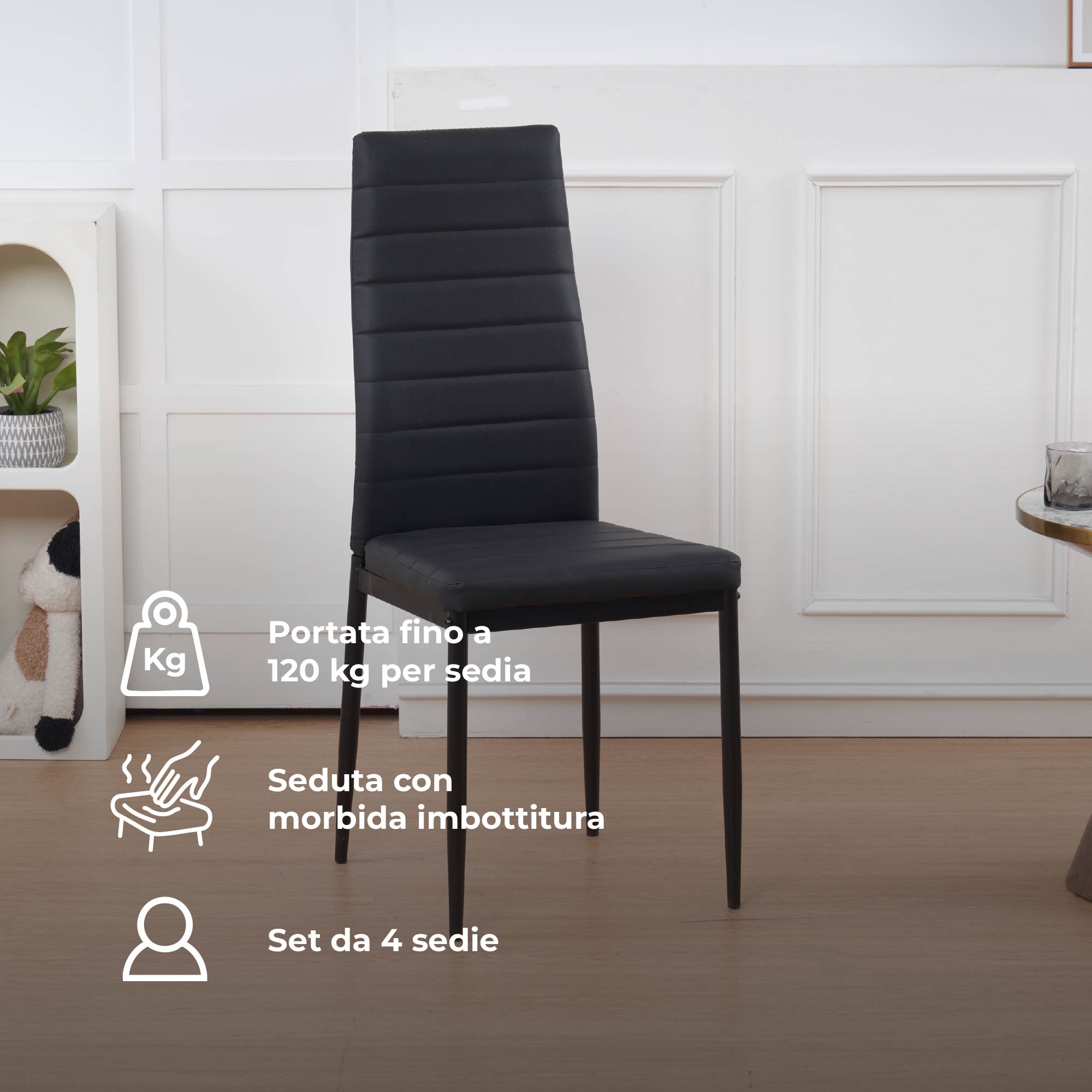 Set Sedie e Tavolo da Pranzo con Ripiano in Vetro Temperato e Sedia Imbottite in Similpelle Nera – Design Moderno, 4 o 6 Posti – Ideale per Cucina o Soggiorno   Nero - 4 Posti