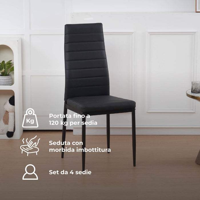 Set Sedie e Tavolo da Pranzo con Ripiano in Vetro Temperato e Sedia Imbottite in Similpelle Nera – Design Moderno, 4 o 6 Posti – Ideale per Cucina o Soggiorno   Nero - 4 Posti