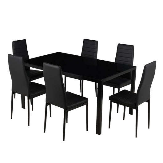Set Sedie e Tavolo da Pranzo con Ripiano in Vetro Temperato e Sedia Imbottite in Similpelle Nera – Design Moderno, 4 o 6 Posti – Ideale per Cucina o Soggiorno   Nero - 6 Posti