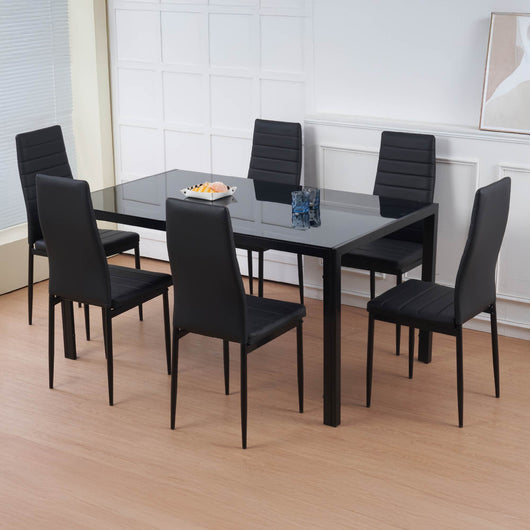 Set Sedie e Tavolo da Pranzo con Ripiano in Vetro Temperato e Sedia Imbottite in Similpelle Nera – Design Moderno, 4 o 6 Posti – Ideale per Cucina o Soggiorno   Nero - 6 Posti