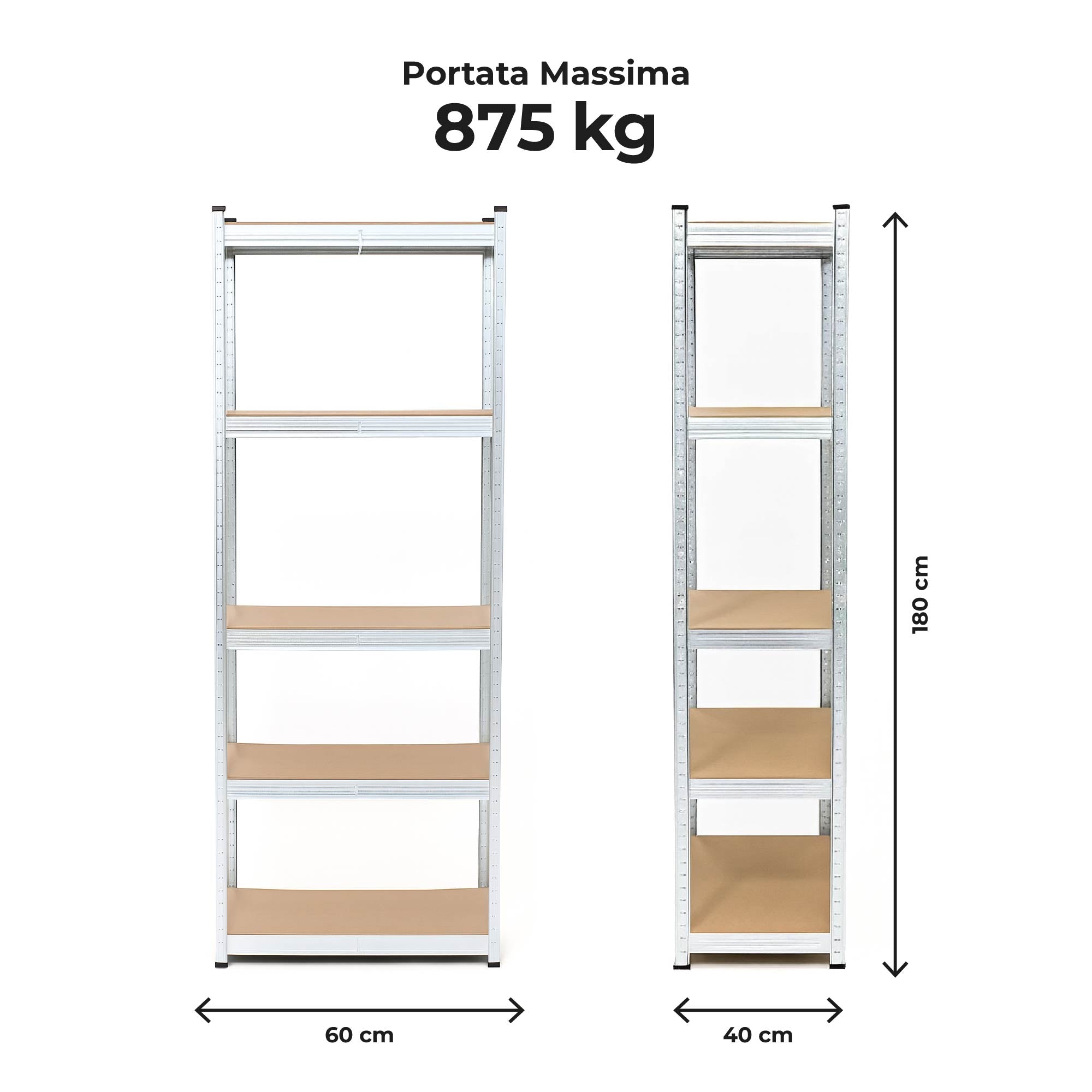 Set di 2 Scaffali in Metallo, Scaffalature a 5 Ripiani Regolabili, Senza Viti, Scaffale Salvaspazio Garage, Magazzino, Portante 875 kg 40x60x180 cm