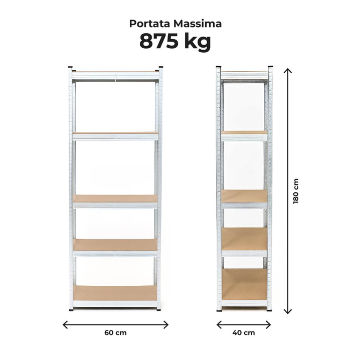 Set di 2 Scaffali in Metallo, Scaffalature a 5 Ripiani Regolabili, Senza Viti, Scaffale Salvaspazio Garage, Magazzino, Portante 875 kg 40x60x180 cm