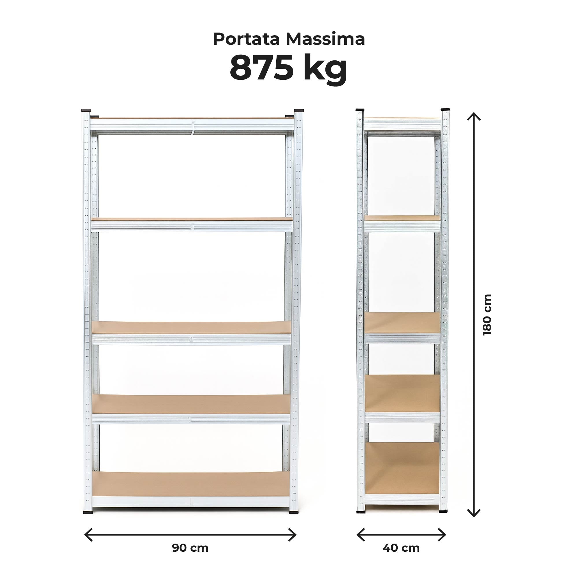 Set di 2 Scaffali in Metallo, Scaffalature a 5 Ripiani Regolabili, Senza Viti, Scaffale Salvaspazio Garage, Magazzino, Portante 875 kg 40x90x180 cm