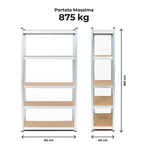 Set di 2 Scaffali in Metallo, Scaffalature a 5 Ripiani Regolabili, Senza Viti, Scaffale Salvaspazio Garage, Magazzino, Portante 875 kg 40x90x180 cm