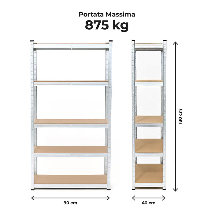 Set di 2 Scaffali in Metallo, Scaffalature a 5 Ripiani Regolabili, Senza Viti, Scaffale Salvaspazio Garage, Magazzino, Portante 875 kg 40x90x180 cm