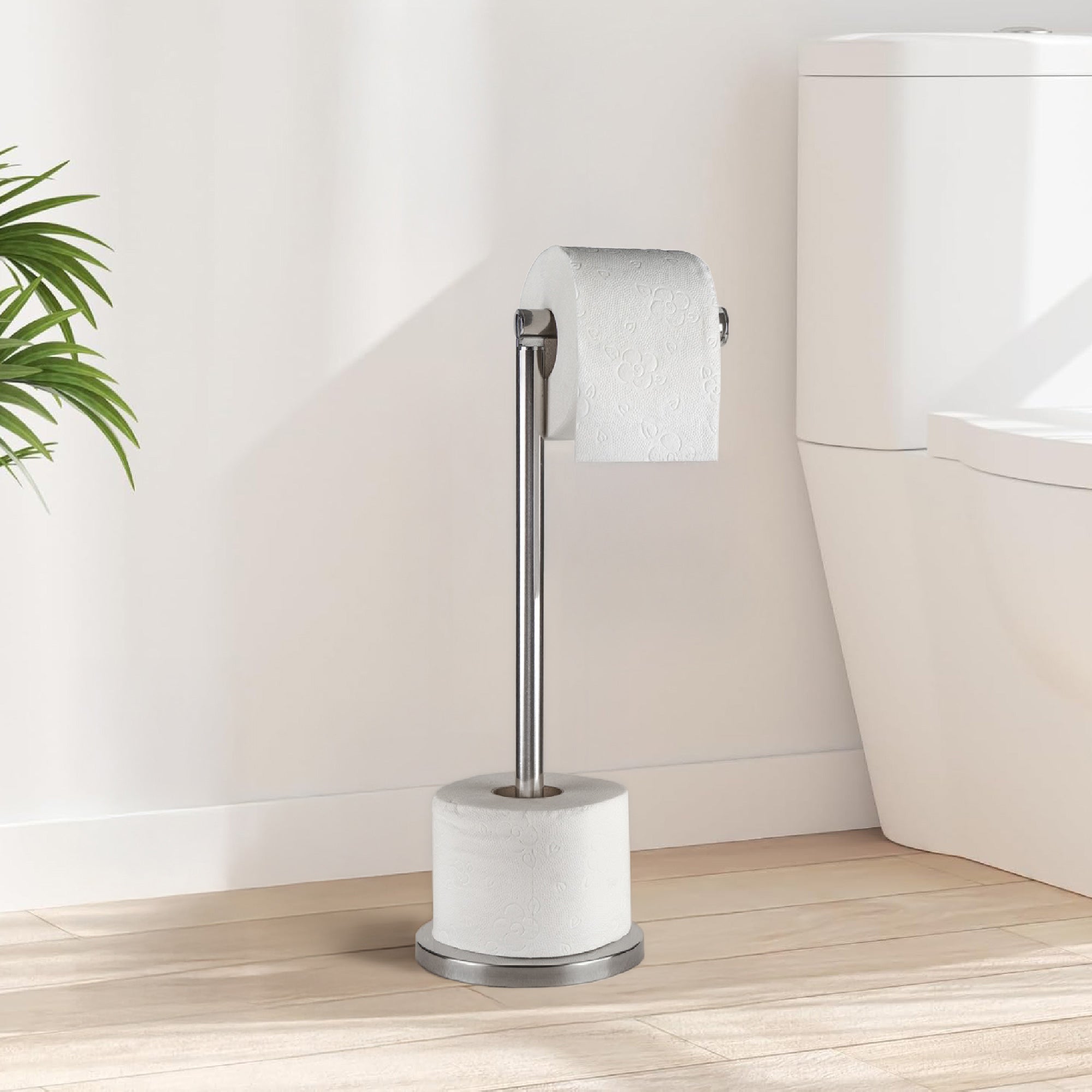 Portarotolo Carta Igienica da Pavimento in Acciaio Inox – Porta Rotoli WC Moderno con Base Stabile Antiscivolo – Fino a 4 Rotoli (1+3) – Design Elegante per Bagno, Casa e Hotel