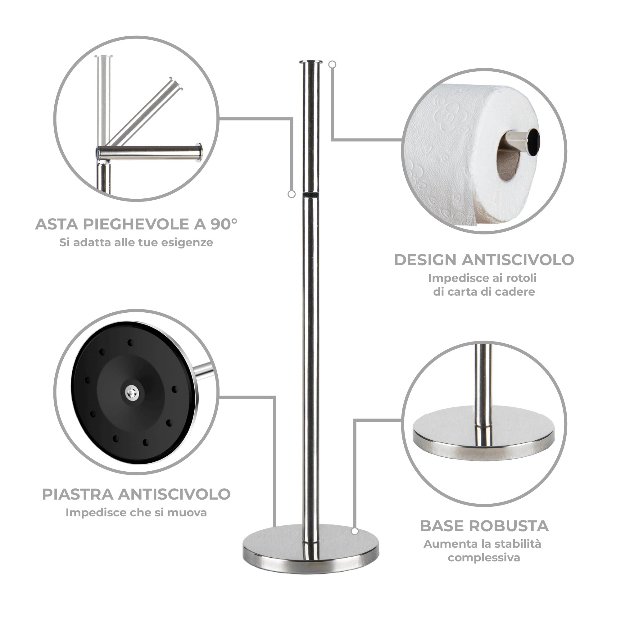 Portarotolo Carta Igienica da Pavimento in Acciaio Inox – Porta Rotoli WC Moderno con Base Stabile Antiscivolo – Fino a 4 Rotoli (1+3) – Design Elegante per Bagno, Casa e Hotel