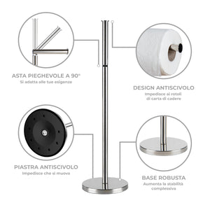 Portarotolo Carta Igienica da Pavimento in Acciaio Inox – Porta Rotoli WC Moderno con Base Stabile Antiscivolo – Fino a 4 Rotoli (1+3) – Design Elegante per Bagno, Casa e Hotel
