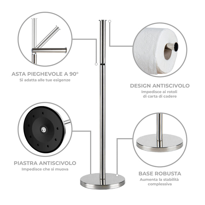 Portarotolo Carta Igienica da Pavimento in Acciaio Inox – Porta Rotoli WC Moderno con Base Stabile Antiscivolo – Fino a 4 Rotoli (1+3) – Design Elegante per Bagno, Casa e Hotel