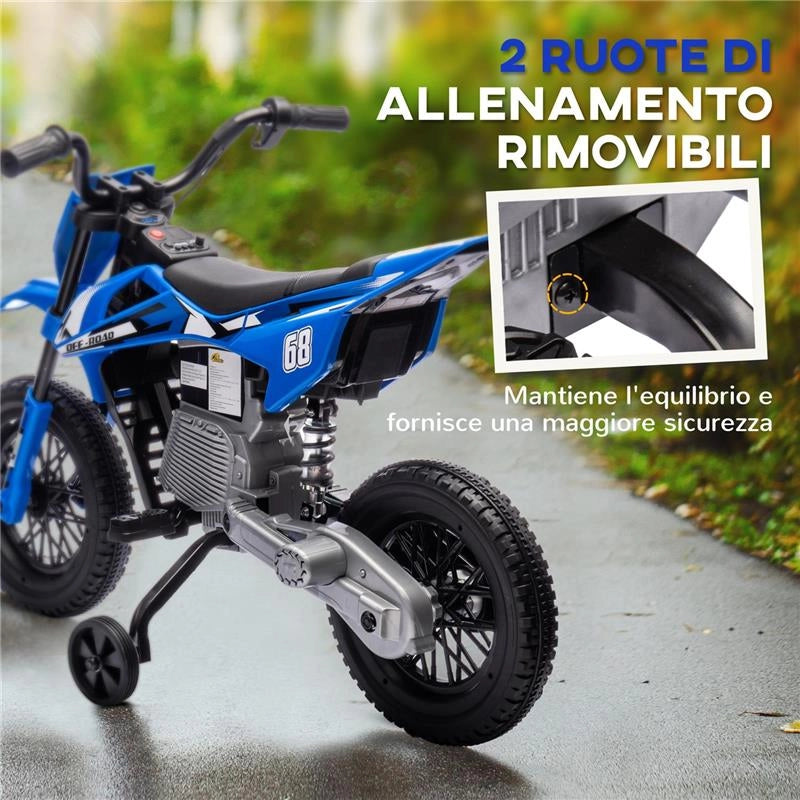 MOTO ELETTRICA PER BAMBINI CON ROTELLE RIMOVIBILI, SOSPENSIONI, SUONI E INDICATORE DI CARICA, BLU