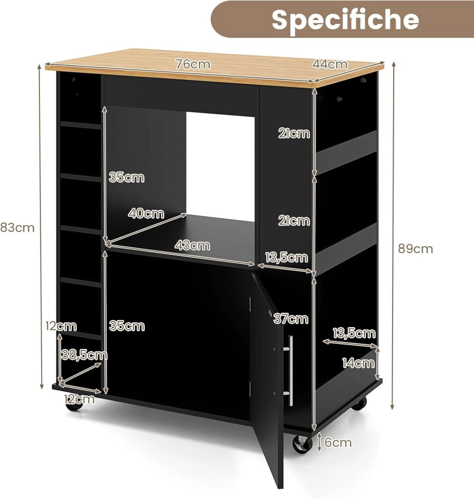 Carrello da Cucina con Ruote, Isola da Cucina con Scomparti Portabottiglie a 6 Scomparti, Portaspezie e Portasciugamani, 76x44x89 cm (Nero)