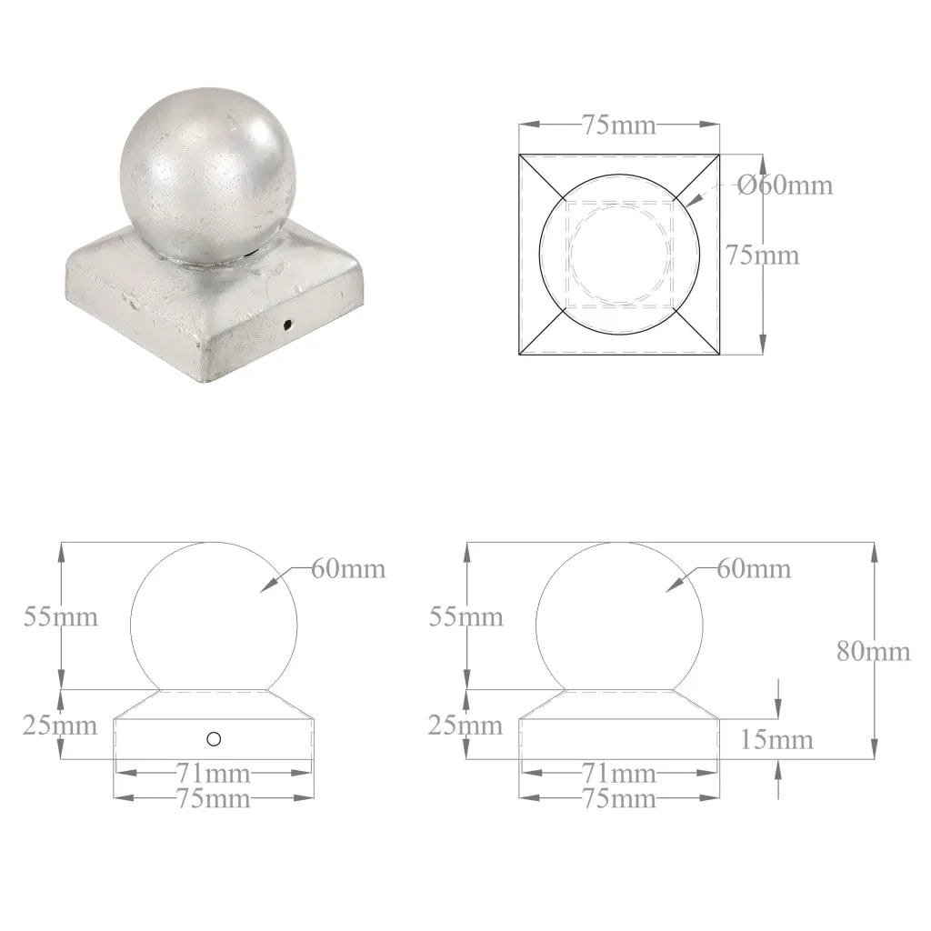 Tappi per Pali 6 pz EstremitÃ  a Globo Metallo Zincato 71x71 mm cod mxl 68730