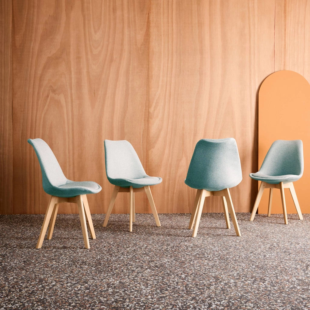 Set di 4 sedie scandinave in legno di faggio e tessuto semplice, blu