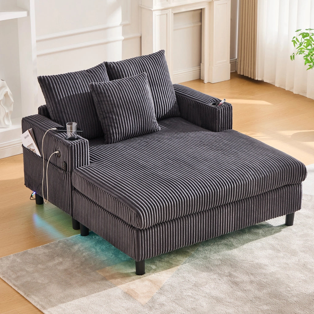 POLTRONA RELAX 142x128x85 cm in velluto a coste Grigio scuro con LED, USB e portabicchiere