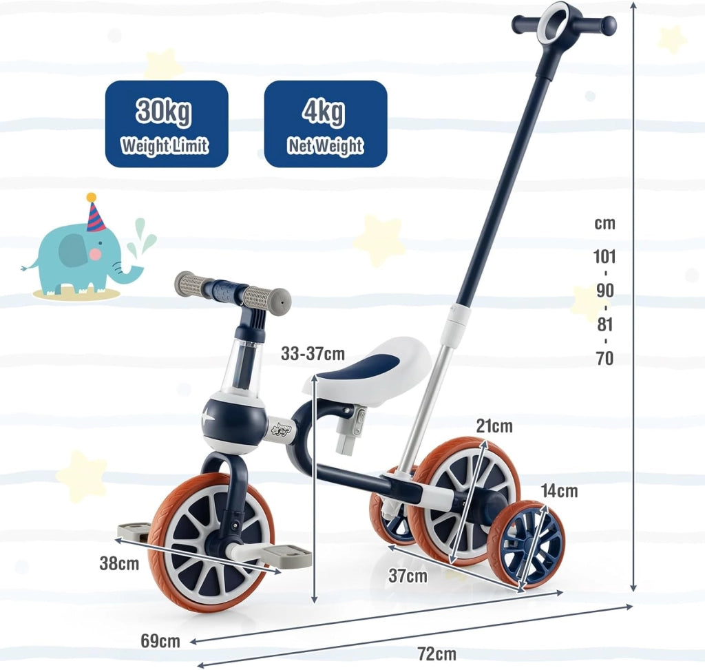 4 in 1 Triciclo Evolutivo per Bambini, Bicicletta Bambini con Manico a Spinta Regolabile in 4 Posizioni, Sellino in 2 Posizioni, Pedali Rimovibili, per Bambini e Bambine da 1 Anno + (Blu)