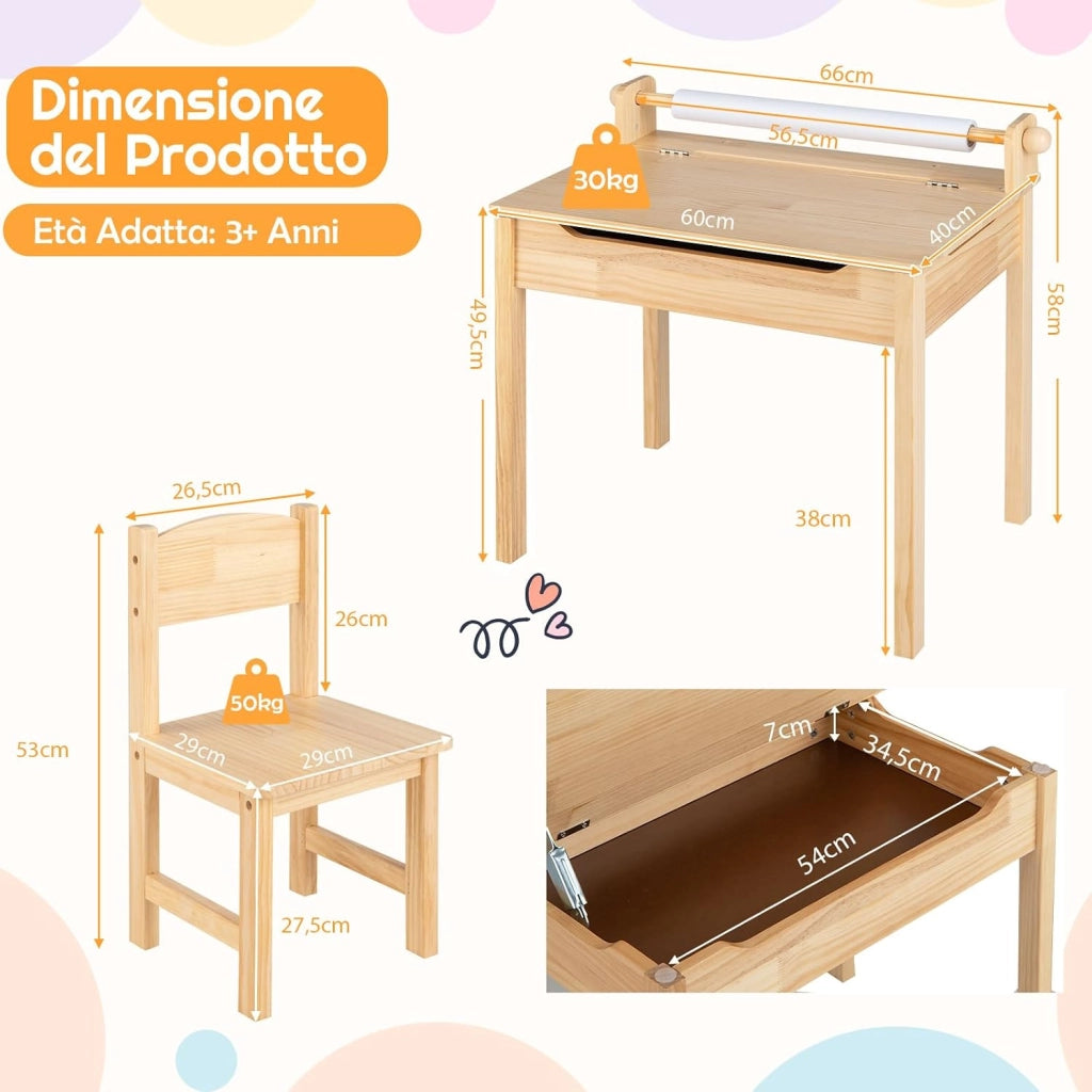 Set Tavolo e Sedia d’Arte per Bambini 3+ Anni, Scrivania in Legno di Pino da Disegno con Portarotolo, Piano Ribaltabile & Vano Portaoggetti, Rotolo di Carta (10m) e 2 Pennarelli (Naturale)