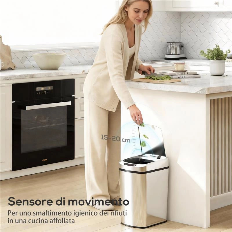 CESTINO RIFIUTI DA 12L A INFRAROSSI CON SECCHIO RIMOVIBILE, IN ACCIAIO INOX, ABS E PP, 28X22X41 CM, ARGENTO