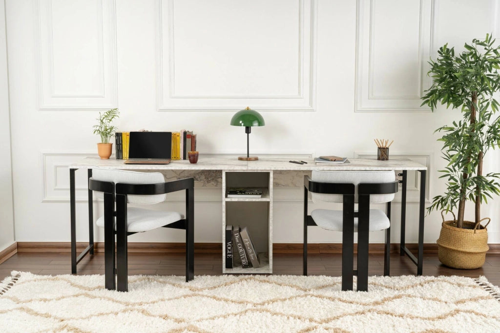Scrivania Violet, Scrittoio multiuso, Tavolo per ufficio porta PC, Piano di lavoro, 240x60 h74 cm, Marmo e Nero