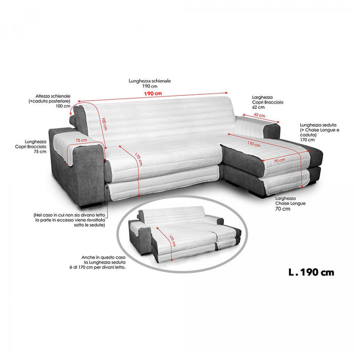 Copridivano Trapuntato in Microfibra con Penisola Sinistra Grigio Chiaro Seduta 190 cm
