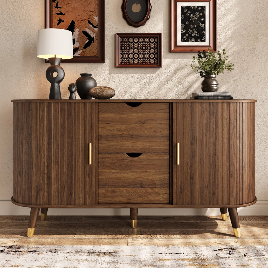 Credenza con venatura verticale, doppio cassetto e ripiani aperti in MDF effetto noce, 140 × 40 × 79,5 cm