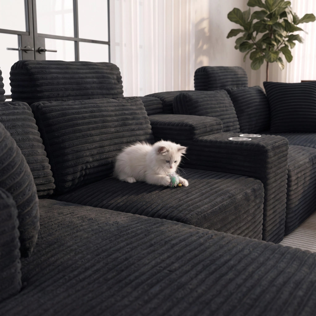 Divano modulare a U 372.0x151.0x80.0 cm con doppi portabicchieri in schiuma nero