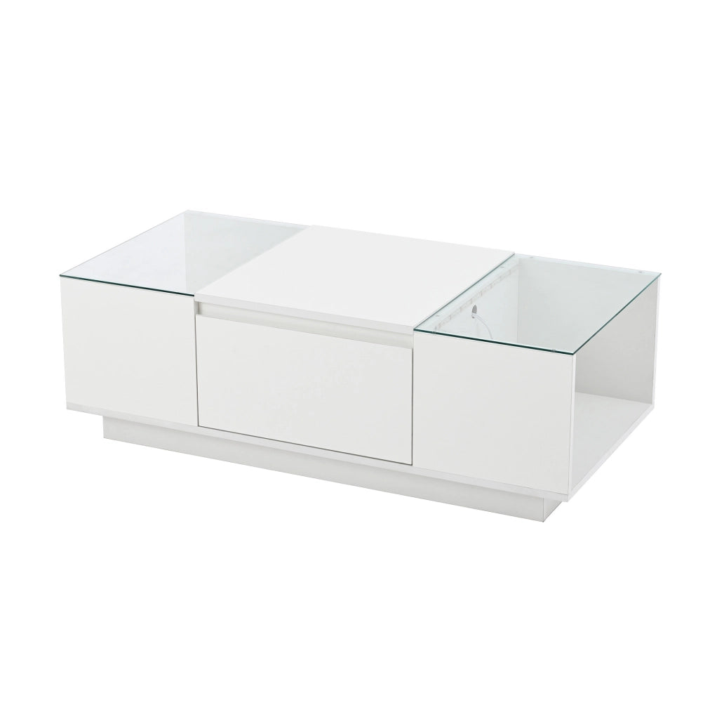 Tavolino da salotto moderno 105 x 50 x 35 cm bianco lucido con LED; ripiani e cassetti