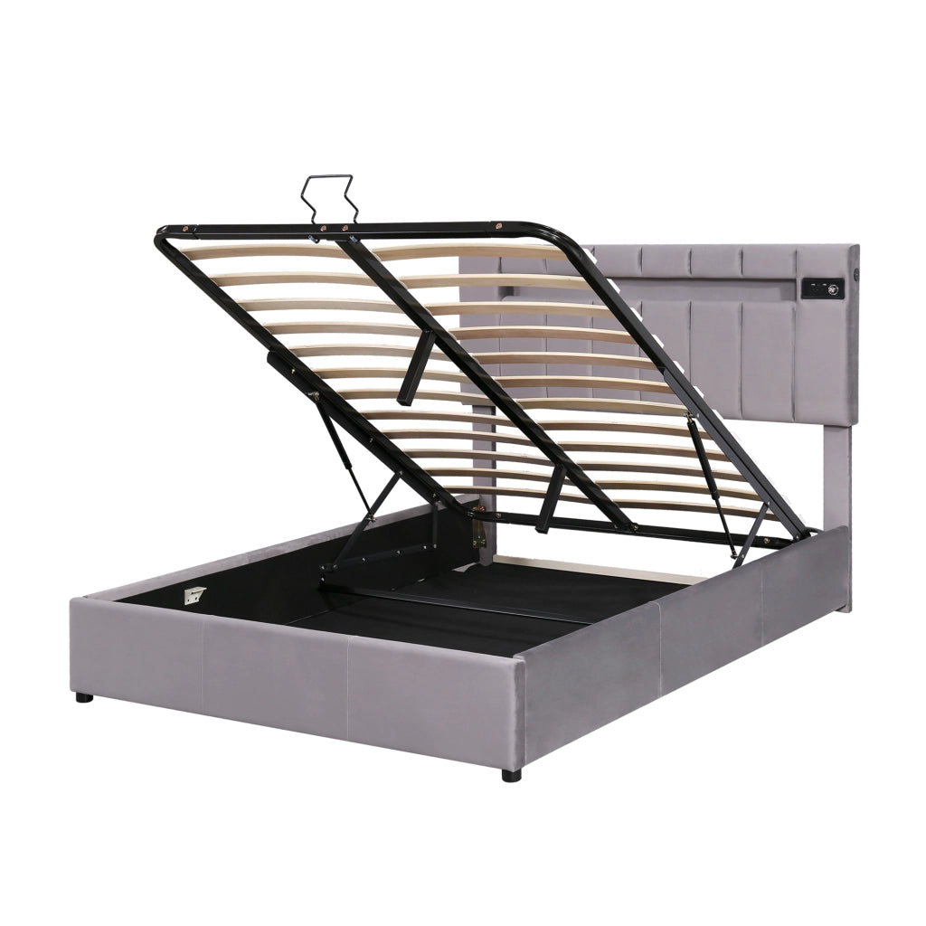 Letto imbottito grigio in velluto con LED; Bluetooth; USB e contenitore idraulico