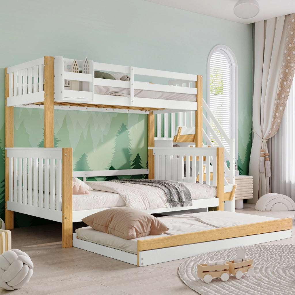 LETTO a castello con letto estraibile, scala contenitore, 120x200 cm, bianco/naturale