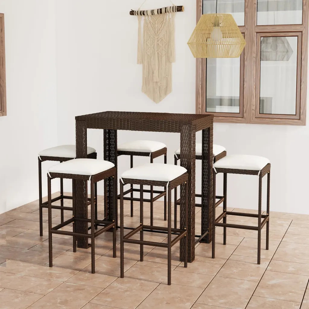 Set da Bar da Giardino 7 pz | Set Salotto da Giardino con Cuscini in Polyrattan Marrone