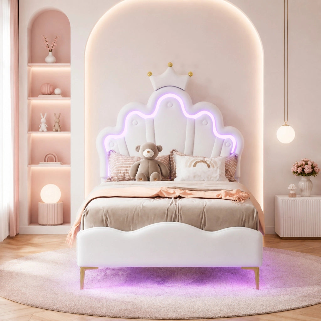 DESMIU Letto singolo 1 posto con LED regolabile e testiera regolabile 90 × 200 cm, senza materasso, bianco