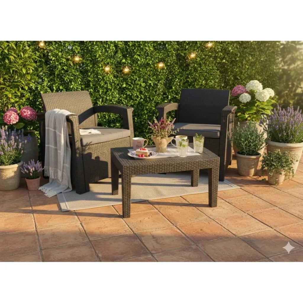 Salotto da giardino KALVOR 2 posti antracite con tavolino e poltroncine