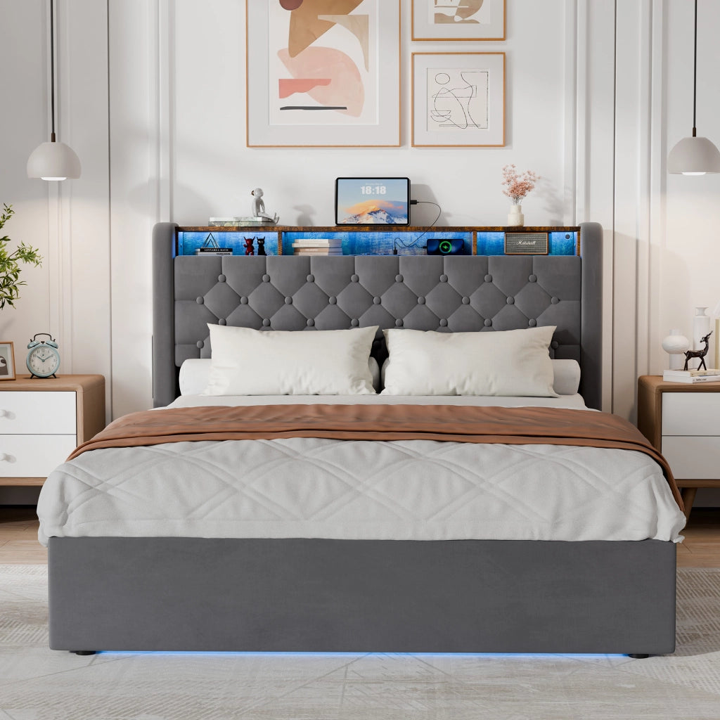 LETTO Imbottito 140 x 200 cm in Velluto Grigio con LED, USB e Contenitore