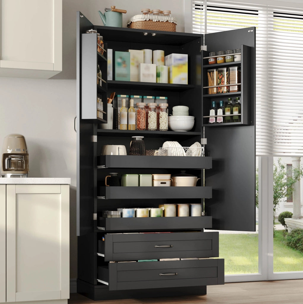 Mobile dispensa alto con 3 ripiani estraibili; 2 cassetti e ante; 180x80x37;5 cm; MDF nero