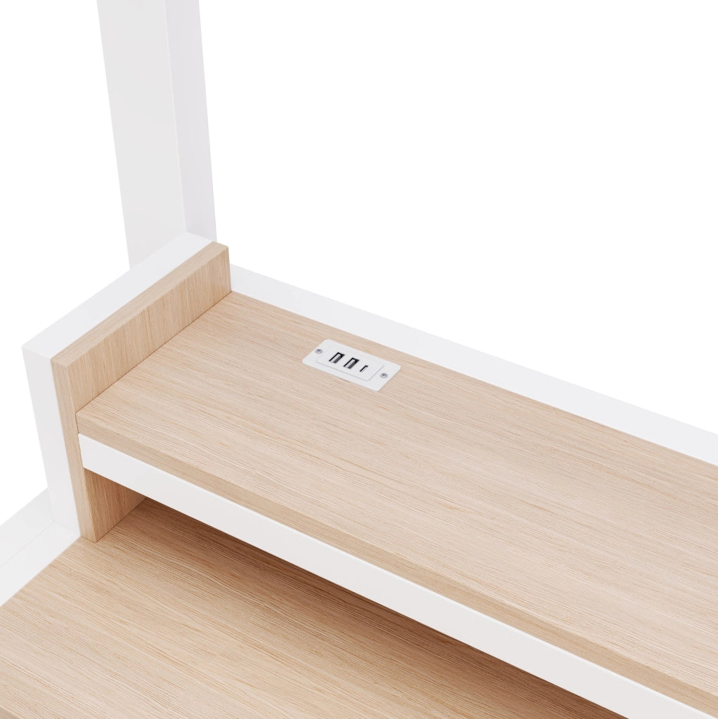 Letto a soppalco 90x200 cm in metallo e MDF con scala; ripiani; LED e USB; bianco