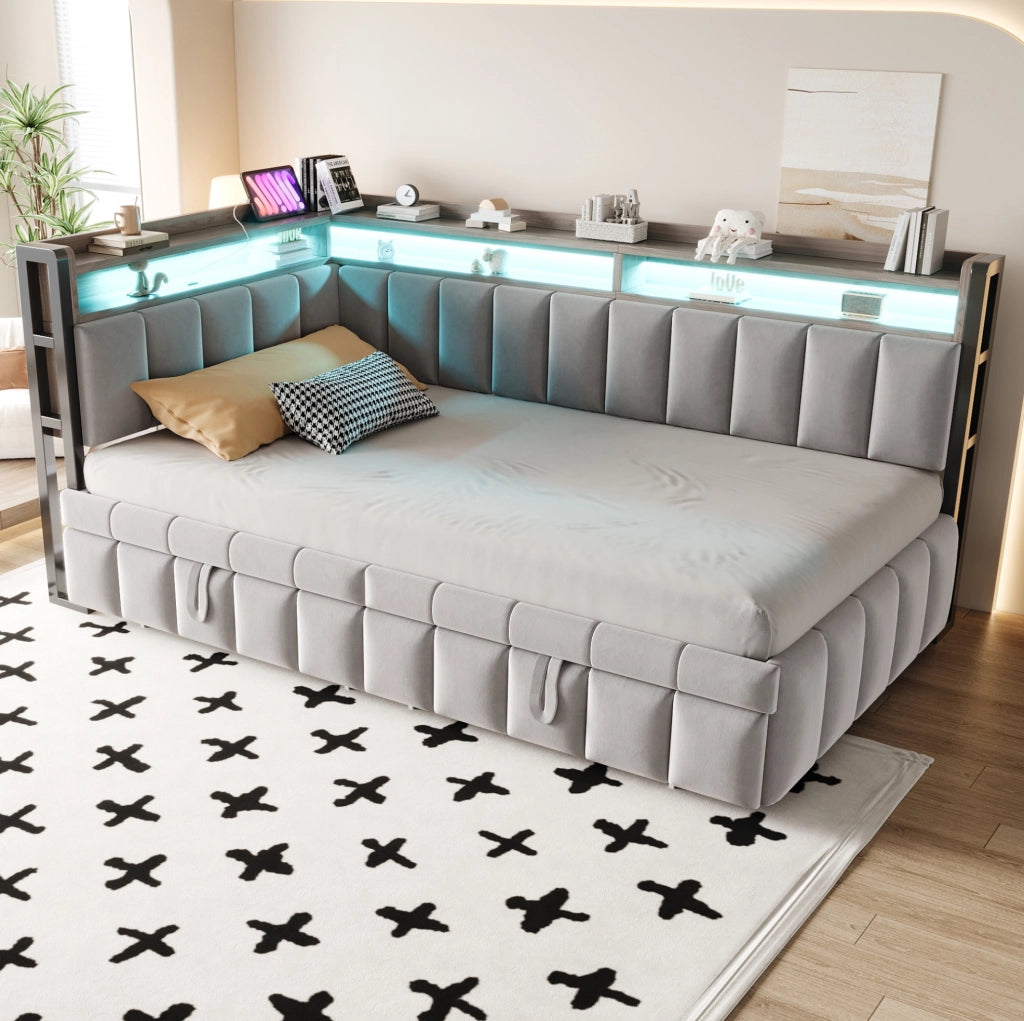 Divano letto 90x200 cm grigio velluto con LED, USB e vano portaoggetti