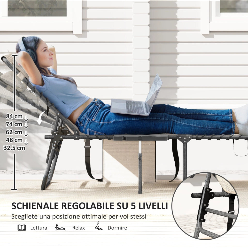 Sdraio da Giardino Pieghevole 60x190x31 cm Reclinabile a 5 Livelli con Tavolino Laterale e Tasca Crema