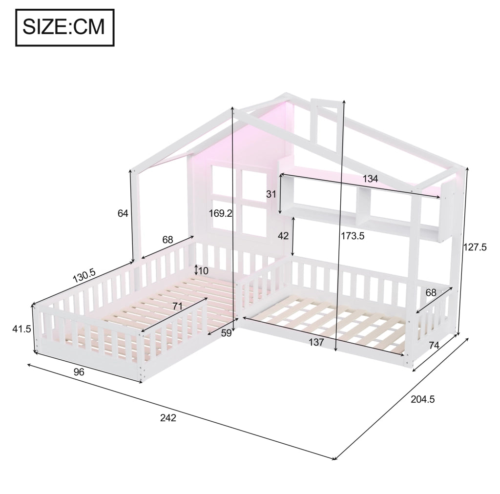Letto a forma di casa ULEVR 90x200 cm con LED, ripiani e sponde di sicurezza, bianco